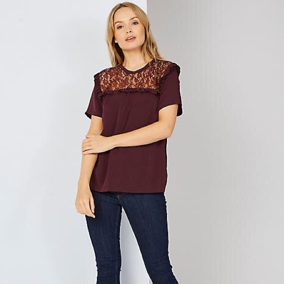 NWT French Connection Lace Yoke Burgundy Top Small - Picture 4 of 8